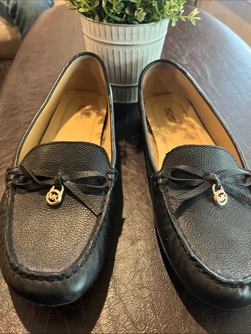 Michael Kors Black Leather Loafers with Gold MK Charms